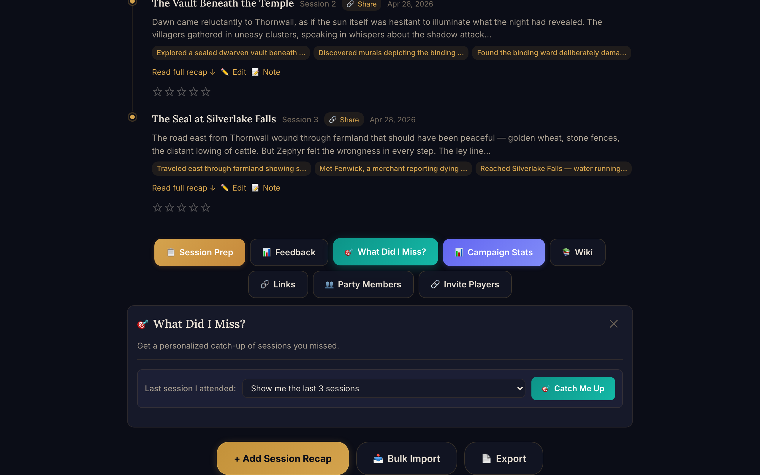 What Did I Miss catch-up feature with session picker