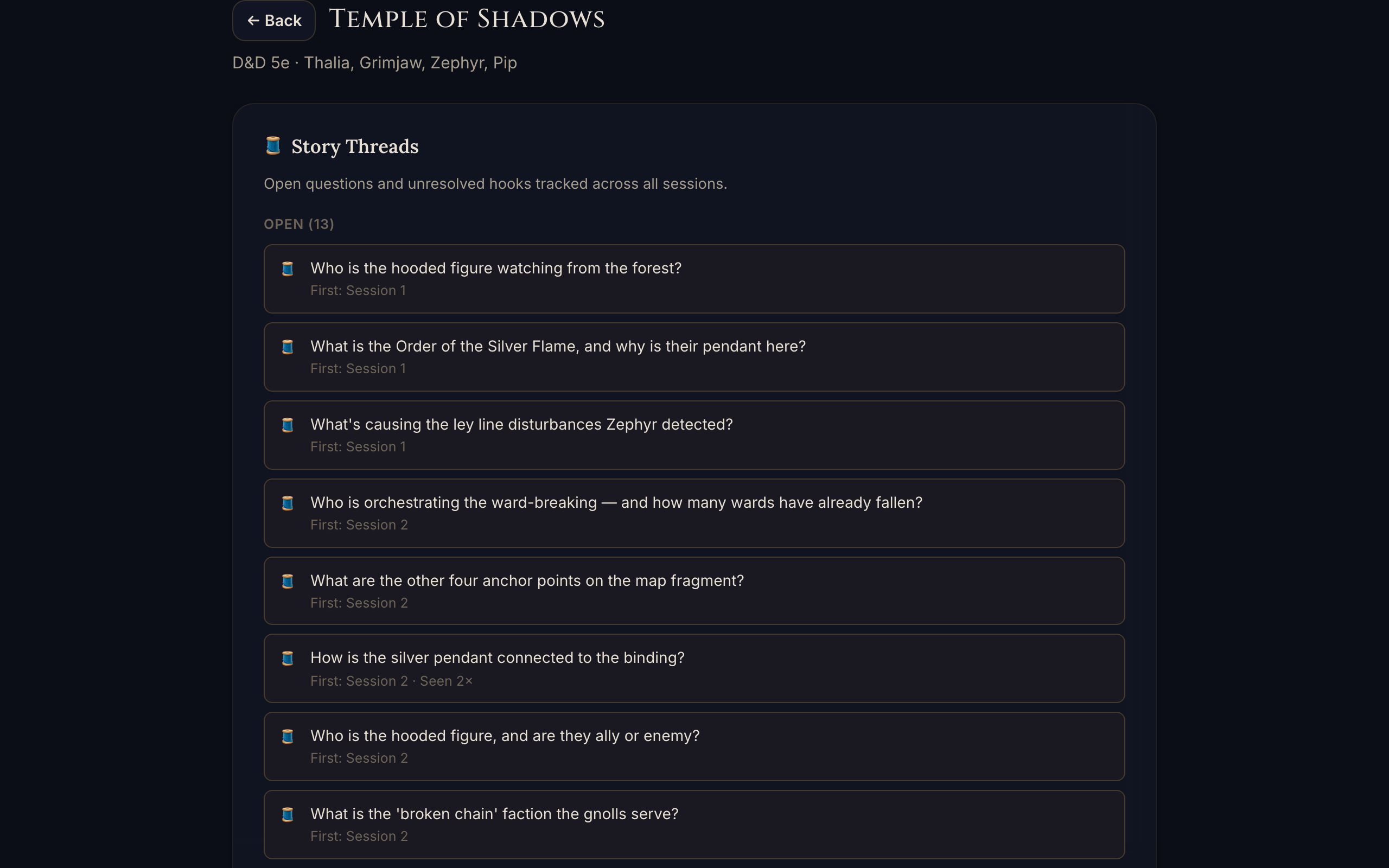 Campaign timeline showing multiple session recaps